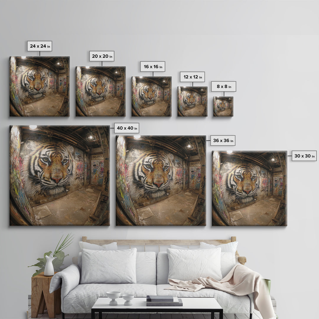 Realistic Tiger Mural In Graffiti Alley Wall Art, Urban Street Art, Big Cat Decor, Wildlife Art Print, Edgy Home Decor, Gift