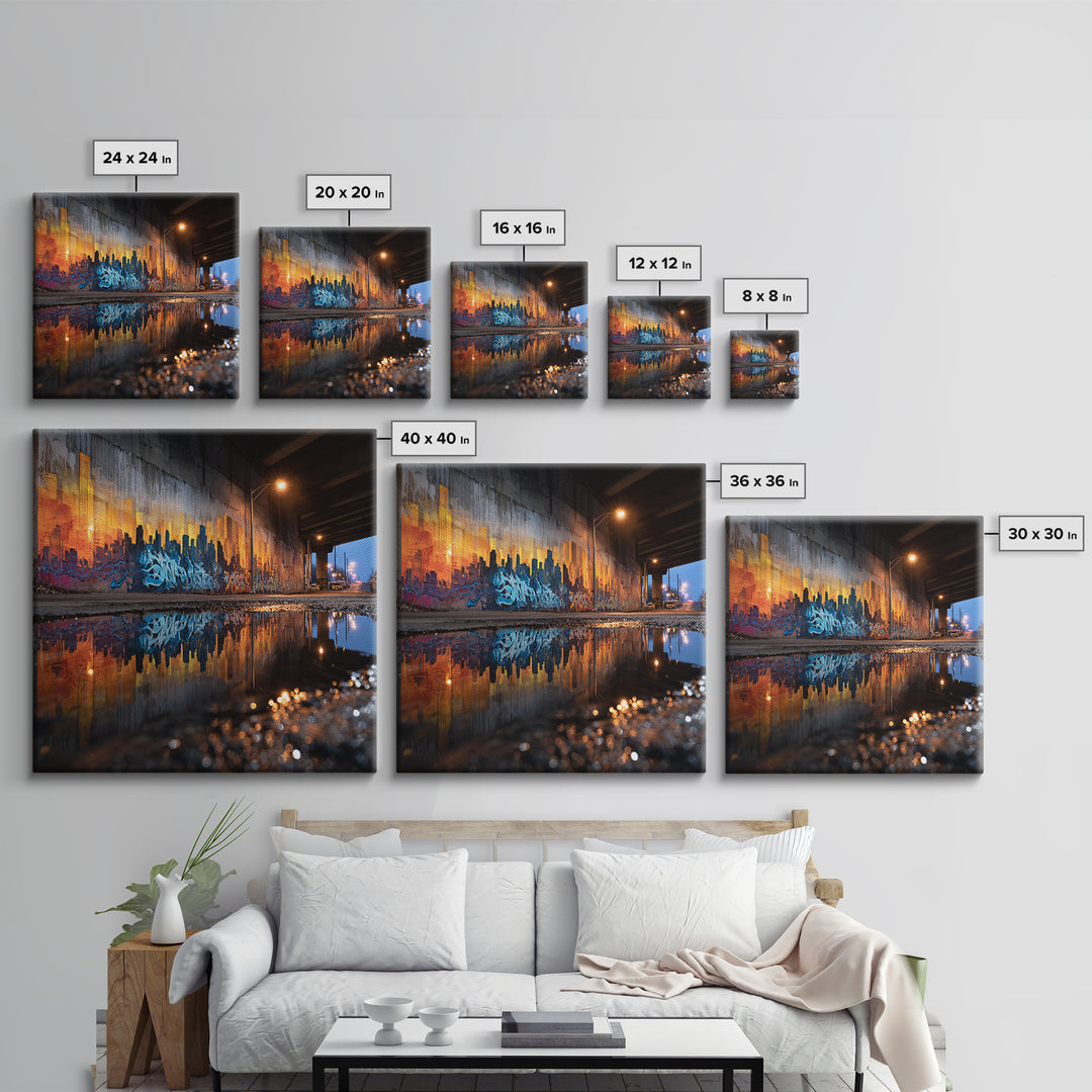 Urban Graffiti Underpass Wall Art, City Skyline Reflection, Street Art Print, Industrial Decor, Modern Office Wall Decor
