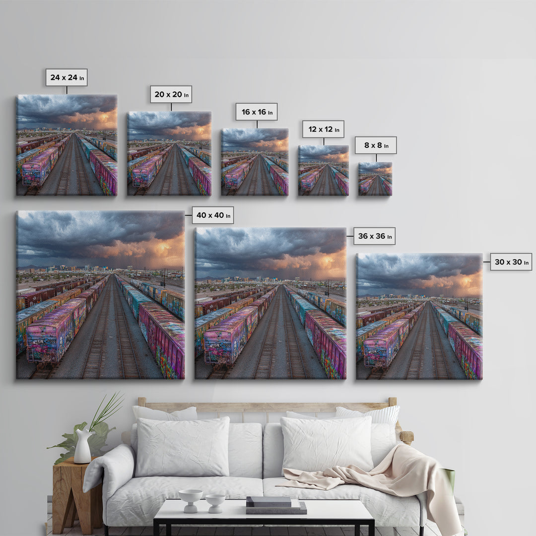 Graffiti Freight Train Yard Wall Art, Urban Street Art Canvas Print, Modern Industrial City Decor, Colorful Office Wall Art