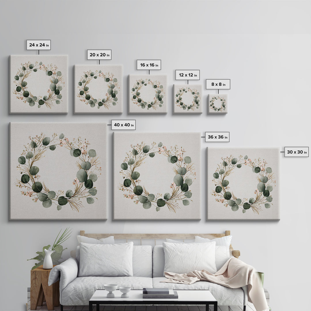 Eucalyptus Wreath Botanical Wall Art, Minimalist Canvas Print, Sage Green Floral Decor, Farmhouse Entryway Housewarming Gift