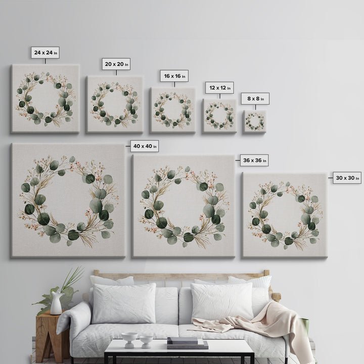 Eucalyptus Wreath Botanical Wall Art, Minimalist Canvas Print, Sage Green Floral Decor, Farmhouse Entryway Housewarming Gift
