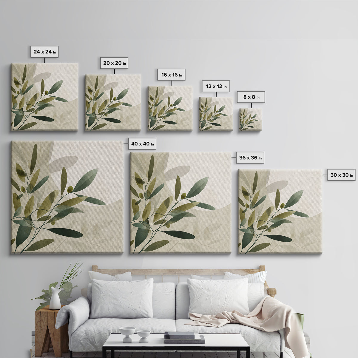 Olive Branch Botanical Wall Art, Sage Green Neutral Canvas Print, Minimalist Nature Decor, Japandi Living Room Wall Decor
