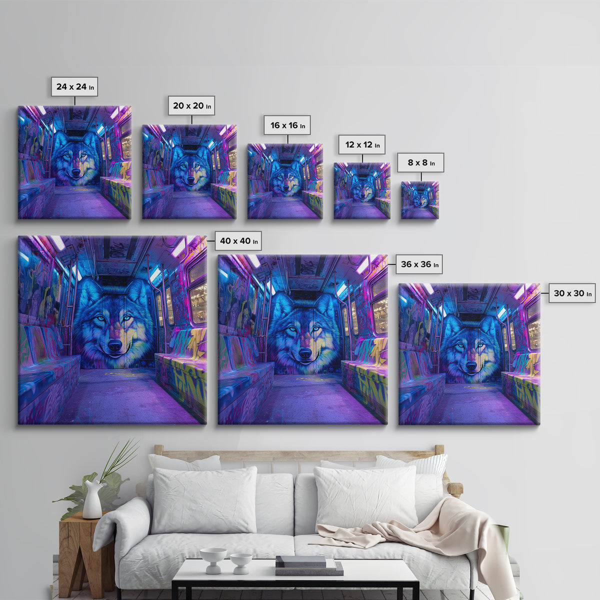 Neon Blue Wolf Subway Canvas Print, Cyberpunk Graffiti Animal Wall Decor, Urban Street Art, Gamer Room Statement Art Gift