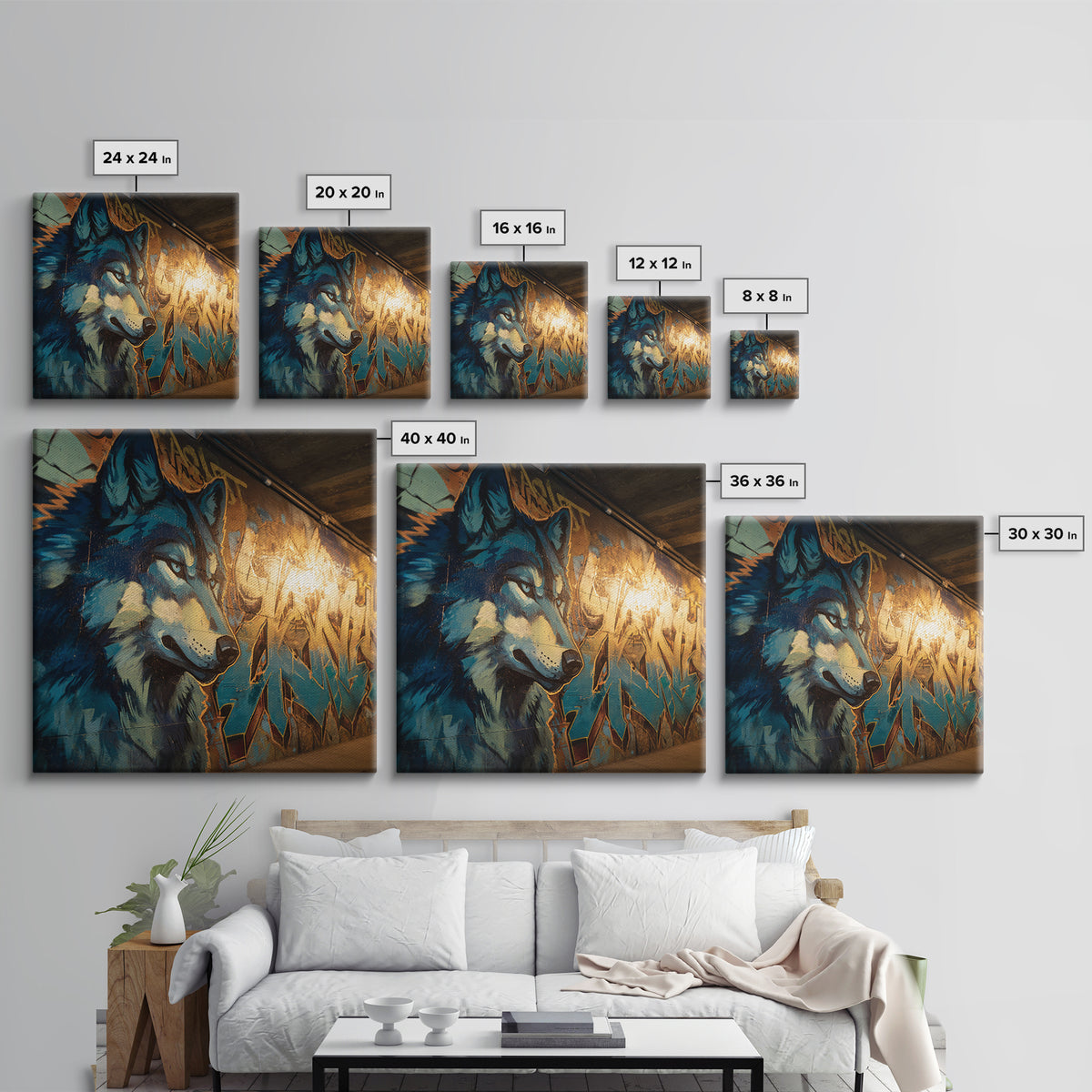 Blue Wolf Graffiti Mural Wall Art, Urban Animal Canvas Print, Street Art Decor, Modern Man Cave Wall Decor, Wolf Lover Gift