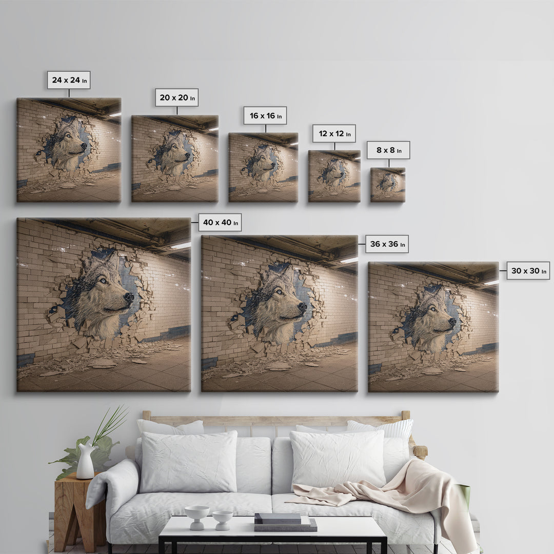 Wolf Mural Bursting Through Subway Tile Wall Art, Urban Animal Canvas Print, Street Art Decor For Modern Office Wall Decor Gift