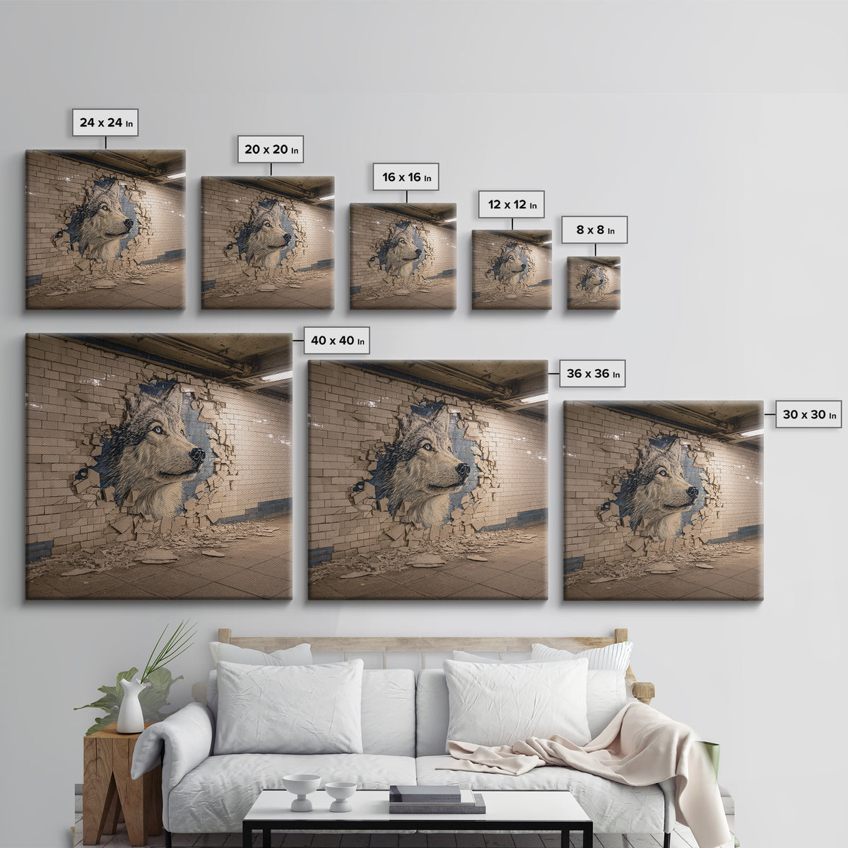 Wolf Mural Bursting Through Subway Tile Wall Art, Urban Animal Canvas Print, Street Art Decor For Modern Office Wall Decor Gift