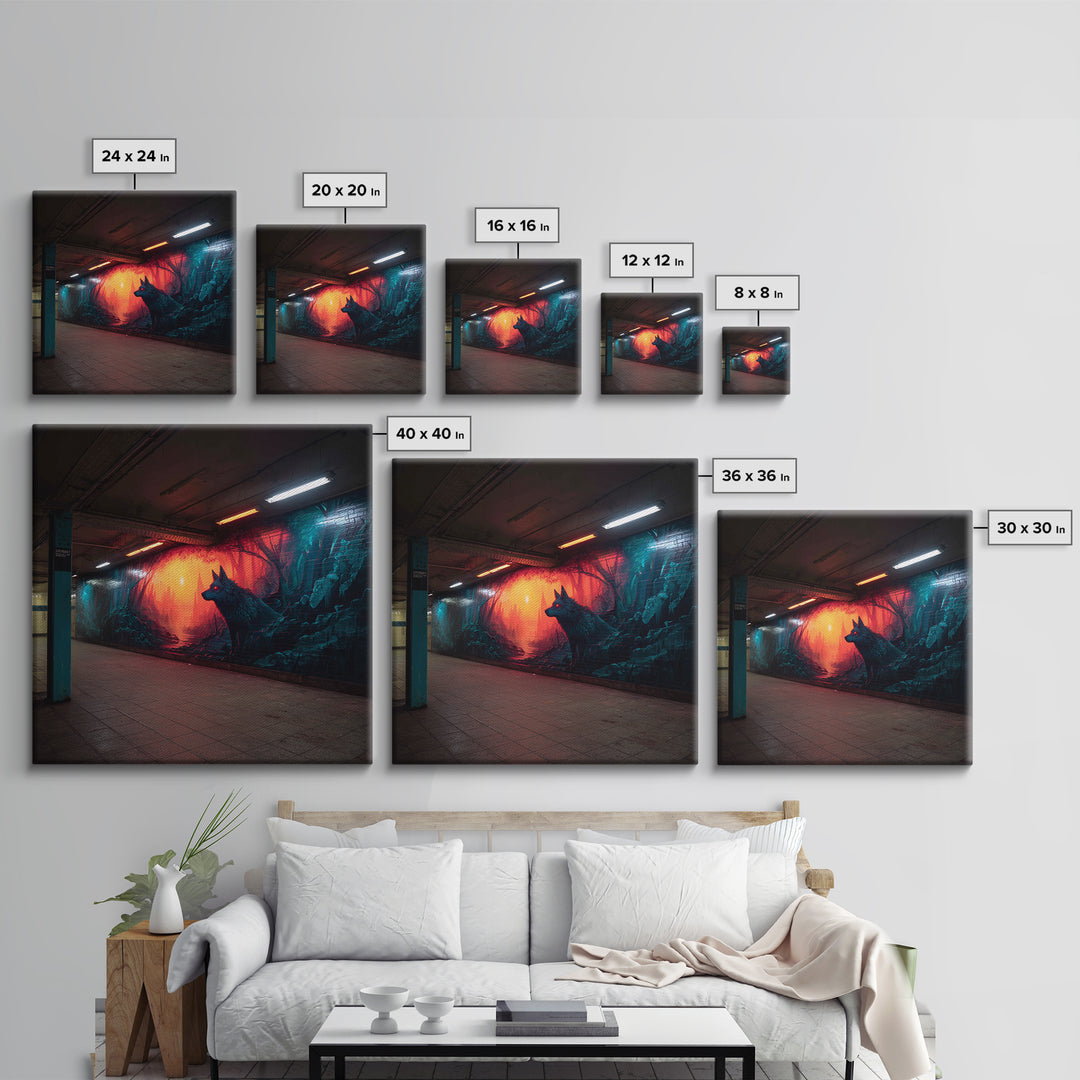 Neon Wolf Subway Mural Wall Art, Urban Graffiti Canvas Print, Cyberpunk Street Decor, Moody Animal Art For Home Office Gift