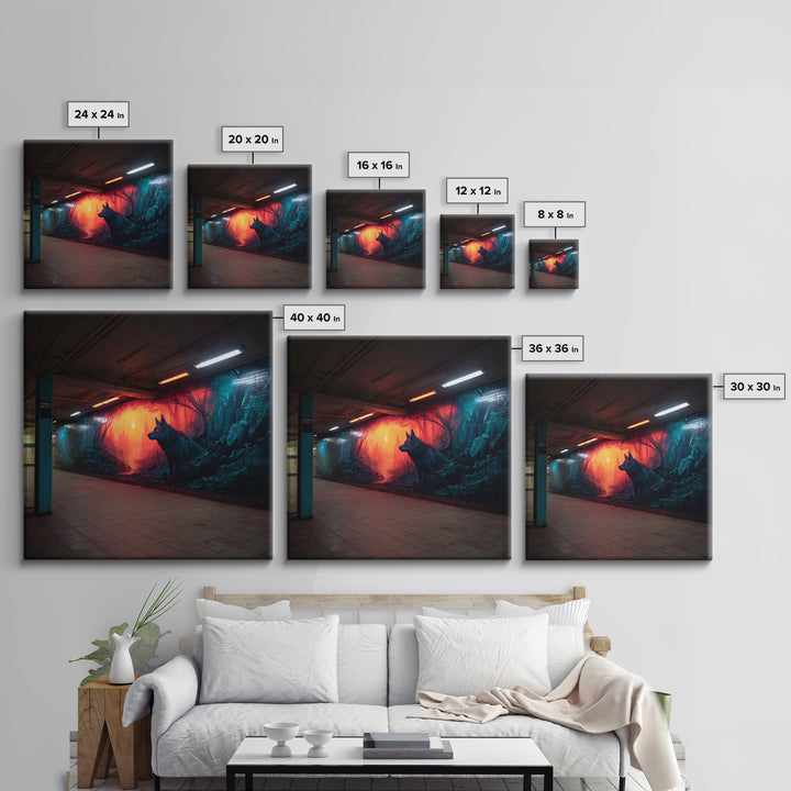 Neon Wolf Subway Mural Wall Art, Urban Graffiti Canvas Print, Cyberpunk Street Decor, Moody Animal Art For Home Office Gift