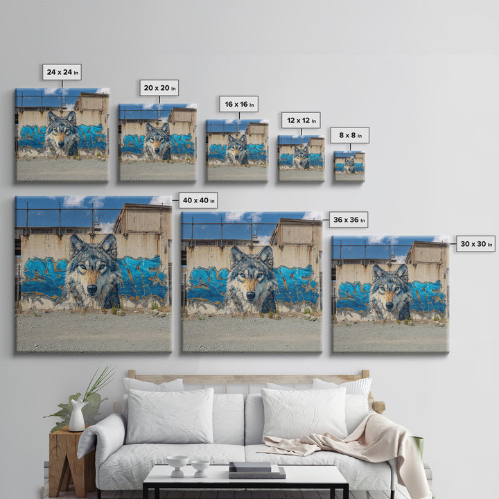 Blue Wolf Graffiti Mural Wall Art, Urban Street Art Print, Wildlife Wall Decor, Industrial Loft Home Decor, Gift For Him