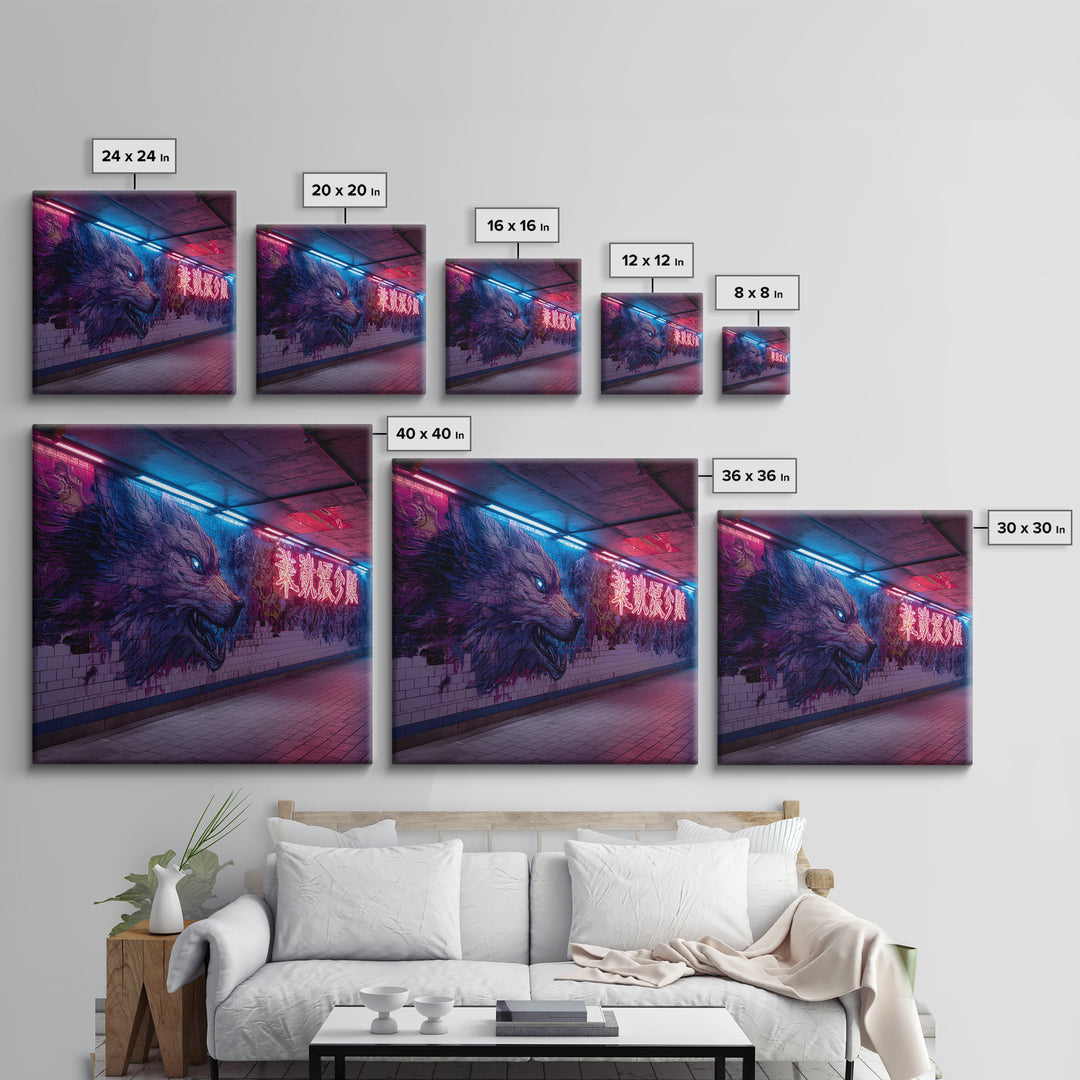 Neon Wolf Subway Mural Canvas Print, Cyberpunk Graffiti Wall Art, Futuristic Animal Street Art For Gaming Room Decor Gift
