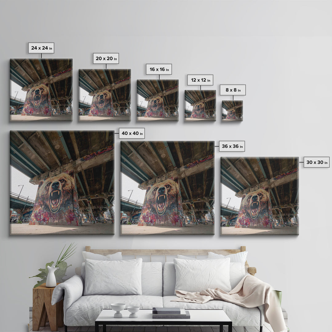 Roaring Bear Graffiti Underpass Wall Art, Urban Street Art Canvas Print, Wildlife Mural Decor, Man Cave Industrial Loft Home Decor