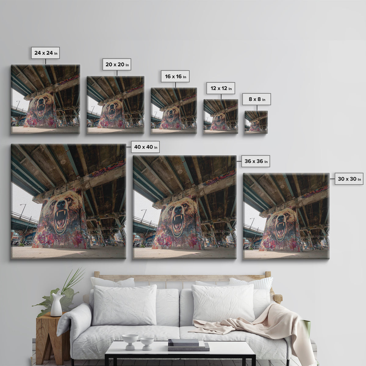 Roaring Bear Graffiti Underpass Wall Art, Urban Street Art Canvas Print, Wildlife Mural Decor, Man Cave Industrial Loft Home Decor
