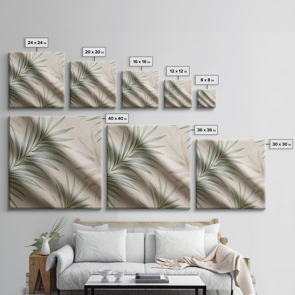 Tropical Palm Leaf Wall Art, Soft Green Beige Canvas Print, Coastal Botanical Decor, Boho Spa Bathroom Wall Decor For Relaxing Home Decor