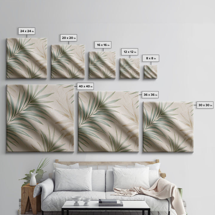 Tropical Palm Leaf Wall Art, Soft Green Beige Canvas Print, Coastal Botanical Decor, Boho Spa Bathroom Wall Decor For Relaxing Home Decor