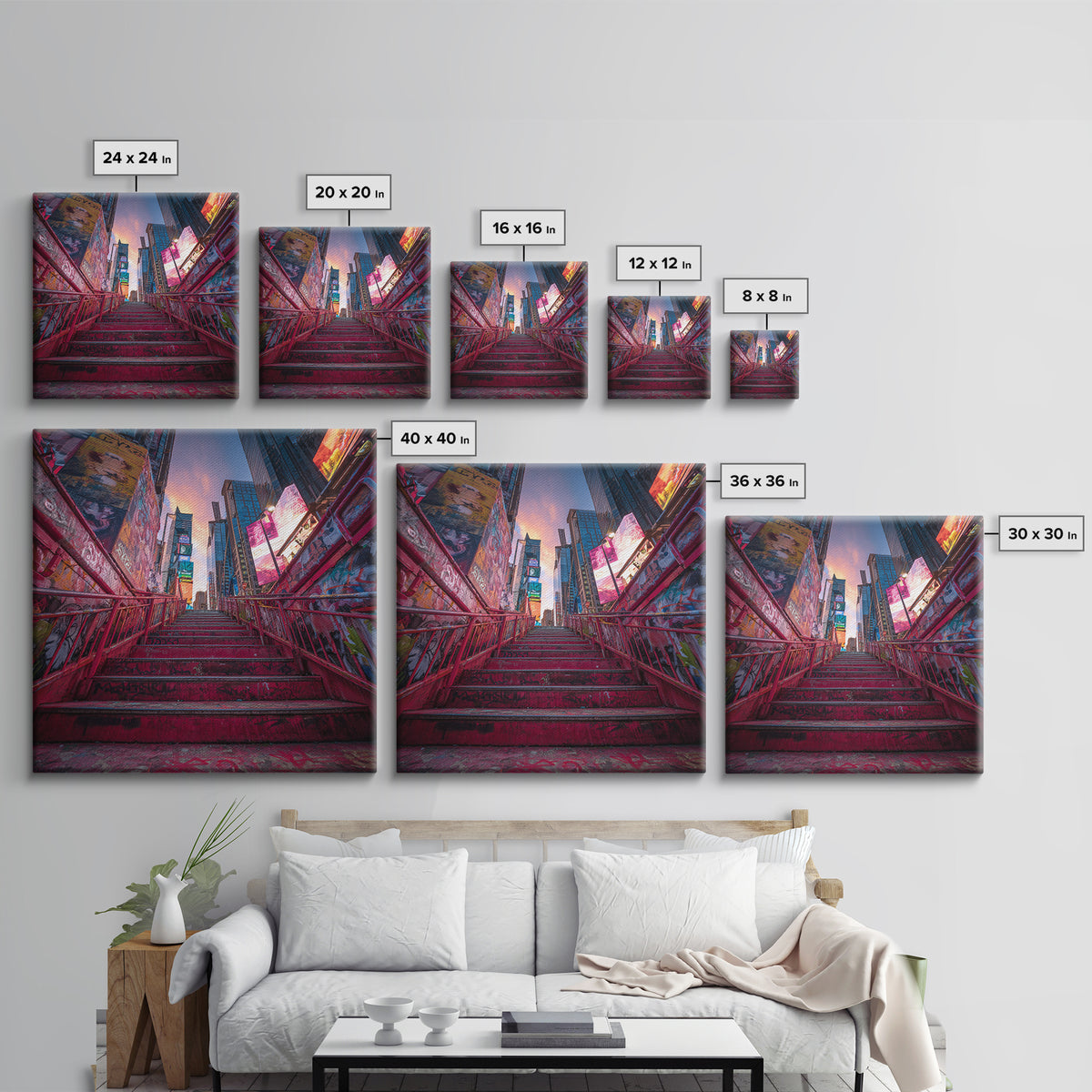Neon City Stairway At Sunset Wall Art, Urban Graffiti, Times Square Travel Poster, Colorful Modern Canvas Print Home Decor
