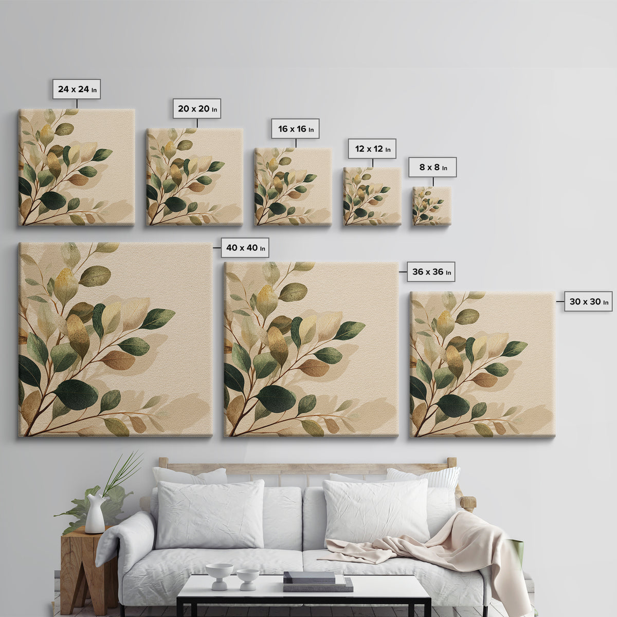 Eucalyptus Leaves Botanical Wall Art, Earth Tone Canvas Print, Neutral Nature Decor, Modern Farmhouse Living Room Art Print