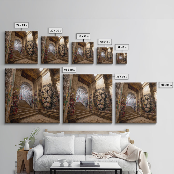 Urban Lion Mural Stairway Wall Art, Graffiti Street Art Canvas Print, City Decor, Bold Contemporary Modern Office Wall Decor