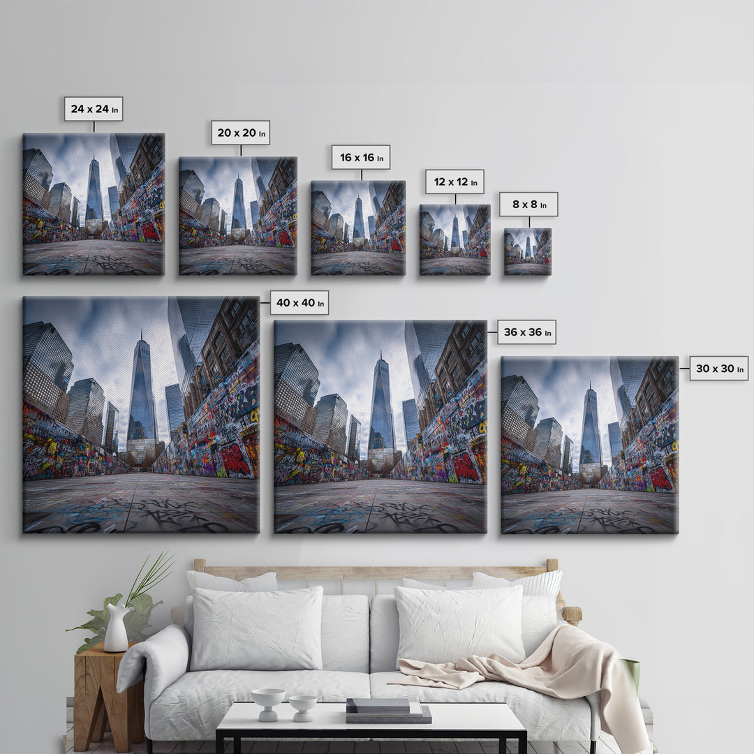One World Trade Graffiti Courtyard Wall Art, Urban Cityscape Canvas Print, NYC Street Art Decor For Office And Apartment