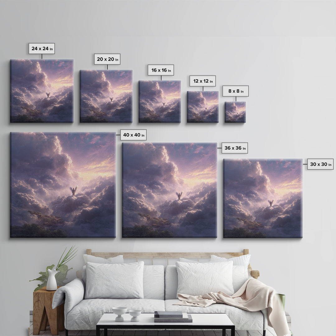 Radiant Angel Above Pastel Clouds Wall Art, Celestial Fantasy Canvas Print, Spiritual Decor, Ethereal Nursery Wall Art, Gift For Her
