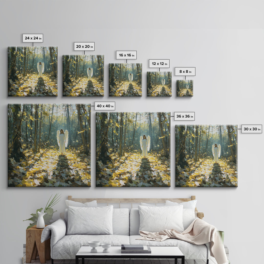 Sunlit Angel In Enchanted Forest Wall Art, Ethereal Christian Canvas Print, Woodland Decor, Spiritual Nursery Art, Calming Decor