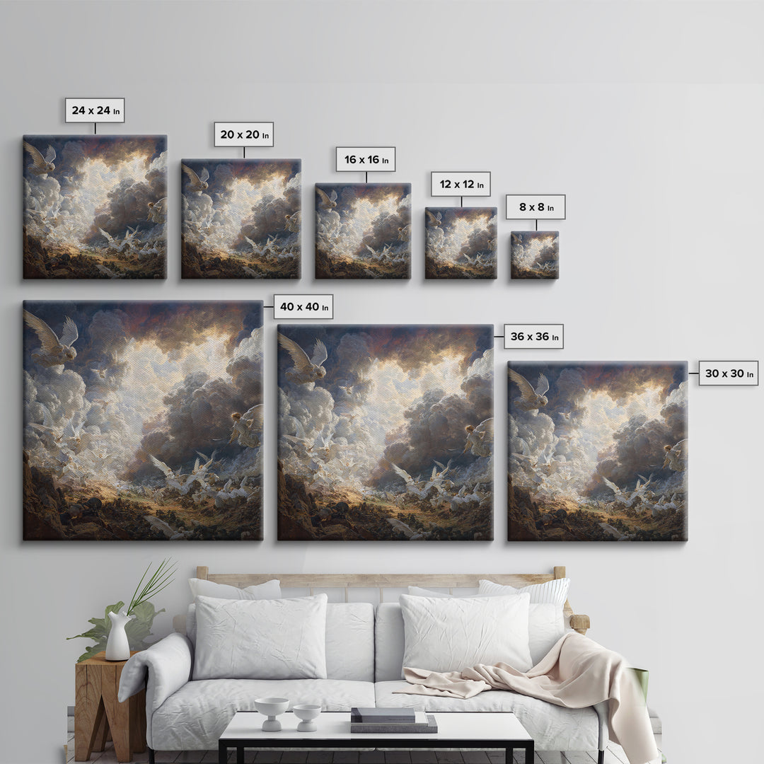 Heavenly Angels In Storm Clouds Canvas Print, Biblical Battle Painting, Christian Wall Decor, Dramatic Renaissance Art Gift