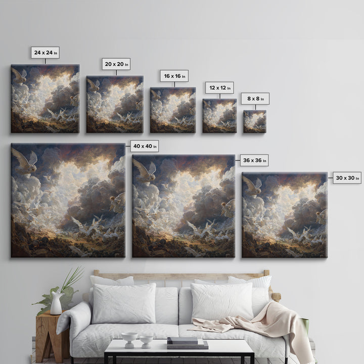 Heavenly Angels In Storm Clouds Canvas Print, Biblical Battle Painting, Christian Wall Decor, Dramatic Renaissance Art Gift