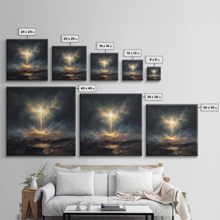 Radiant Cross Over Stormy Battlefield Wall Art, Christian Canvas Print, Dramatic Religious Decor, Spiritual Gift For Home