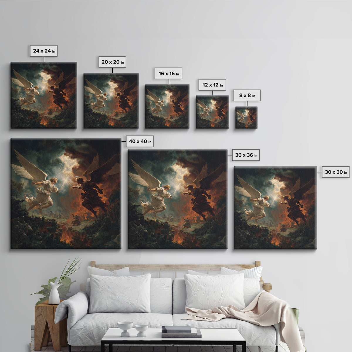 Angel Duel Over Apocalyptic Battlefield Wall Art, Dark Fantasy Framed Canvas Print, Biblical Spiritual Home Decor Gift For Him