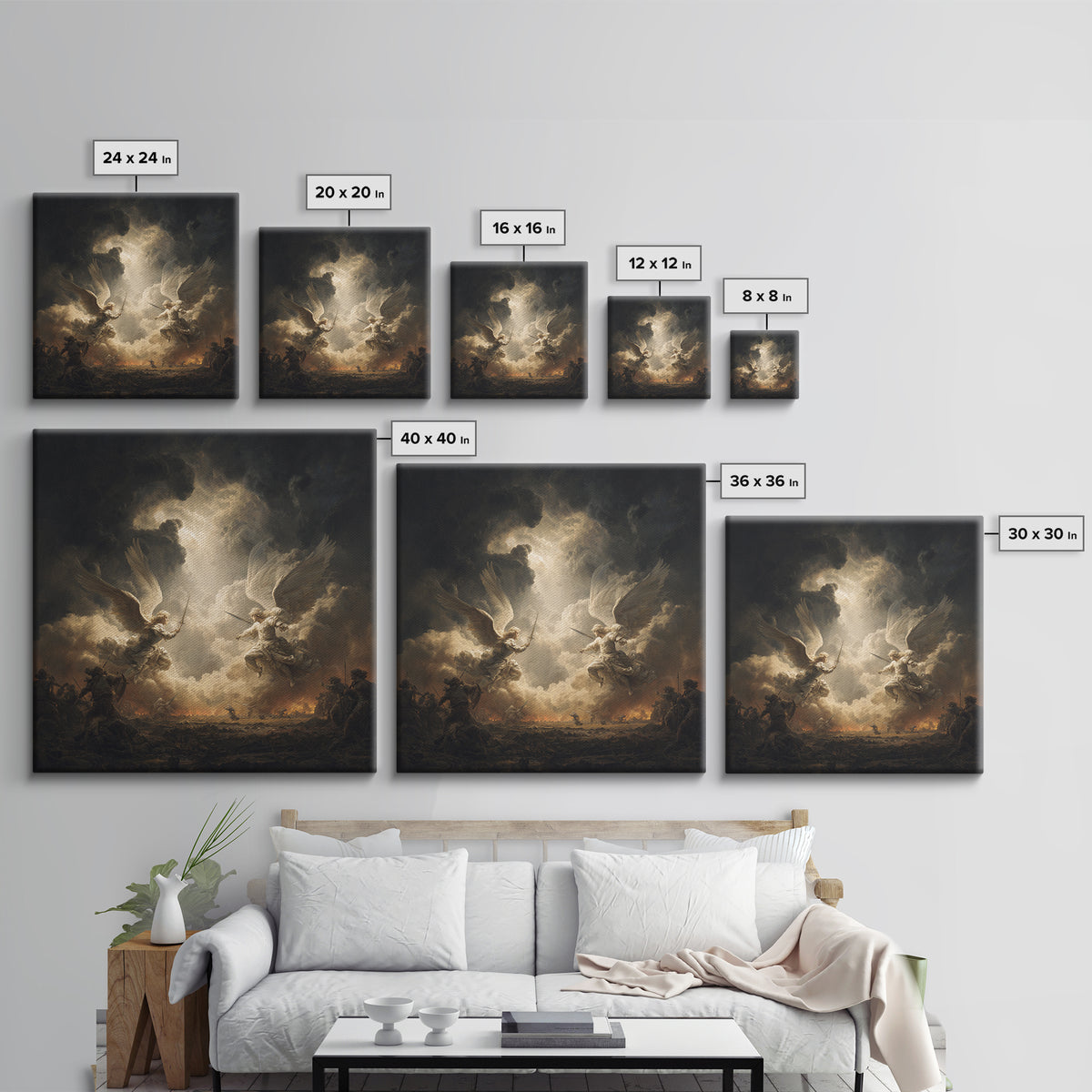 Angelic Battle In Storm Clouds Framed Canvas Print, Dark Baroque Religious Art, Renaissance Wall Decor, Dramatic Fine Art