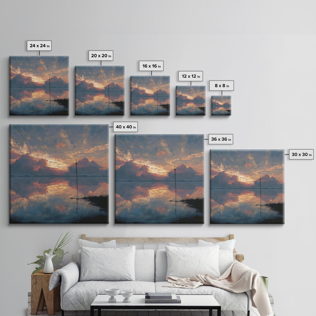 Solitary Cross At Sunset Wall Art, Reflective Lake Landscape Print, Christian Artwork, Spiritual Home Decor, Prayer Room Gift