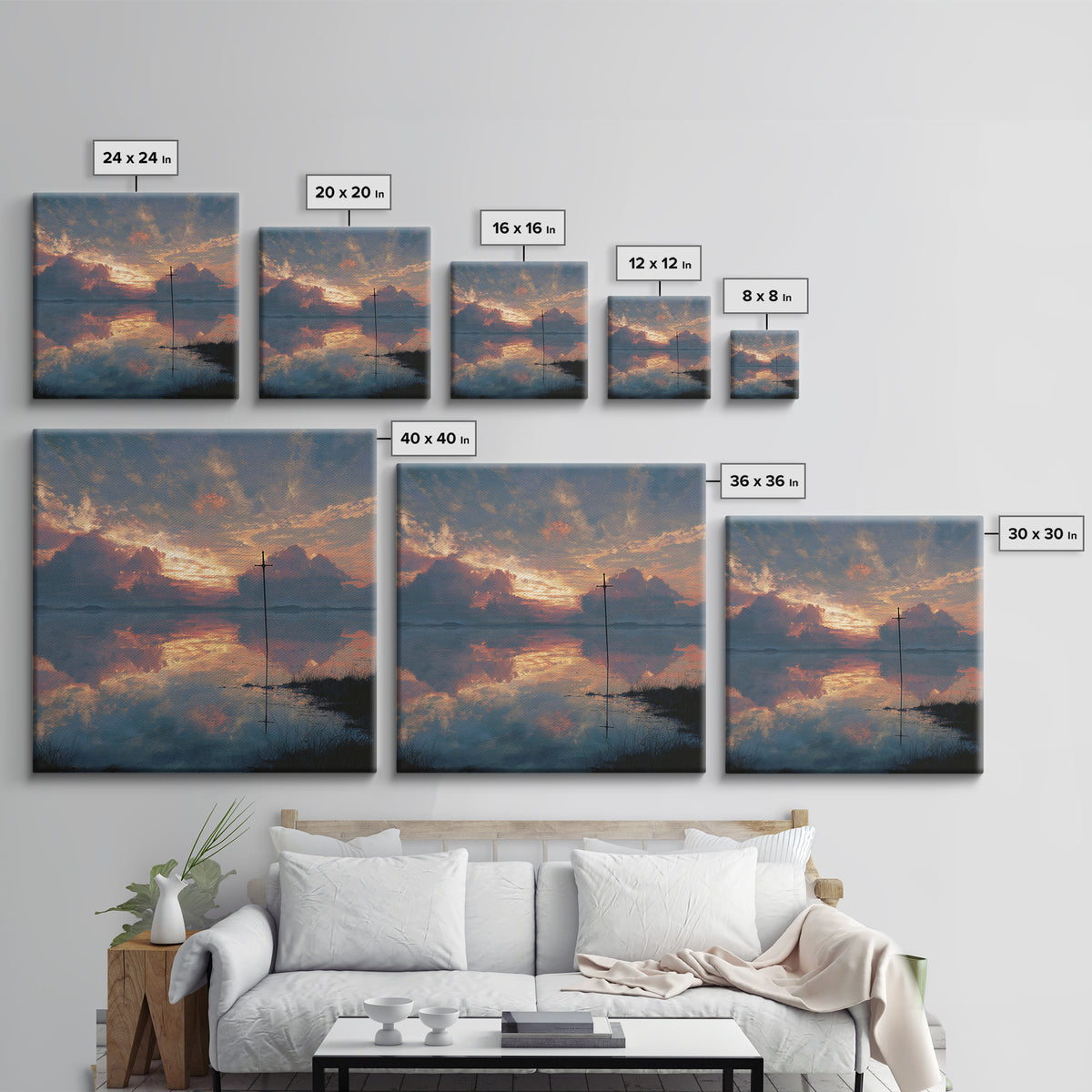Solitary Cross At Sunset Wall Art, Reflective Lake Landscape Print, Christian Artwork, Spiritual Home Decor, Prayer Room Gift