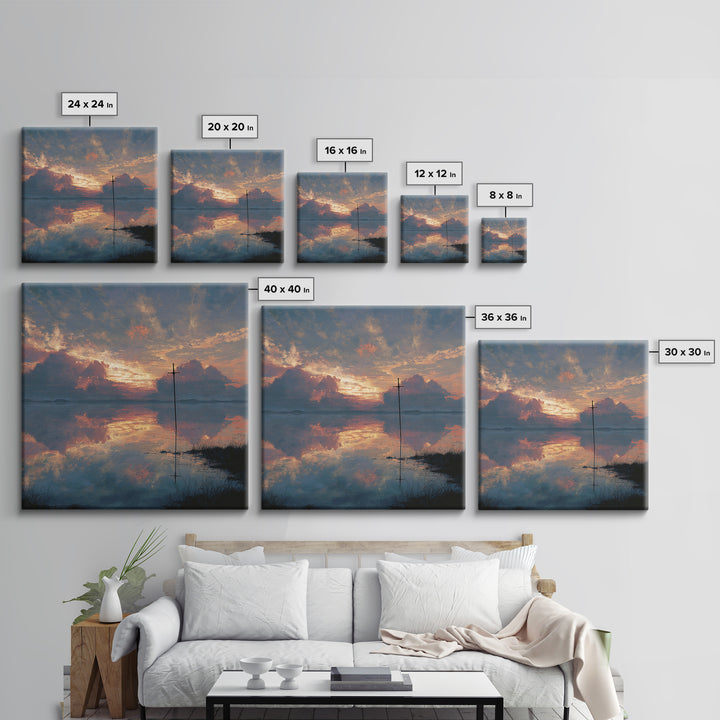 Solitary Cross At Sunset Wall Art, Reflective Lake Landscape Print, Christian Artwork, Spiritual Home Decor, Prayer Room Gift