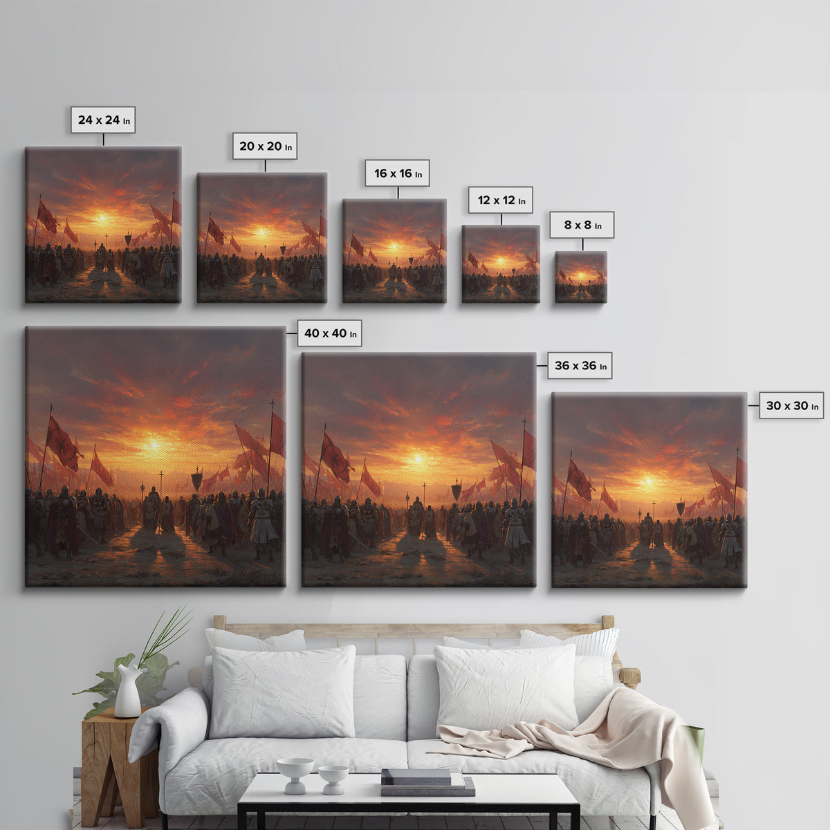 Medieval Army At Fiery Sunset Framed Canvas Print, Crusader Battle Wall Art, Epic Fantasy Decor, Historical Gift For Him