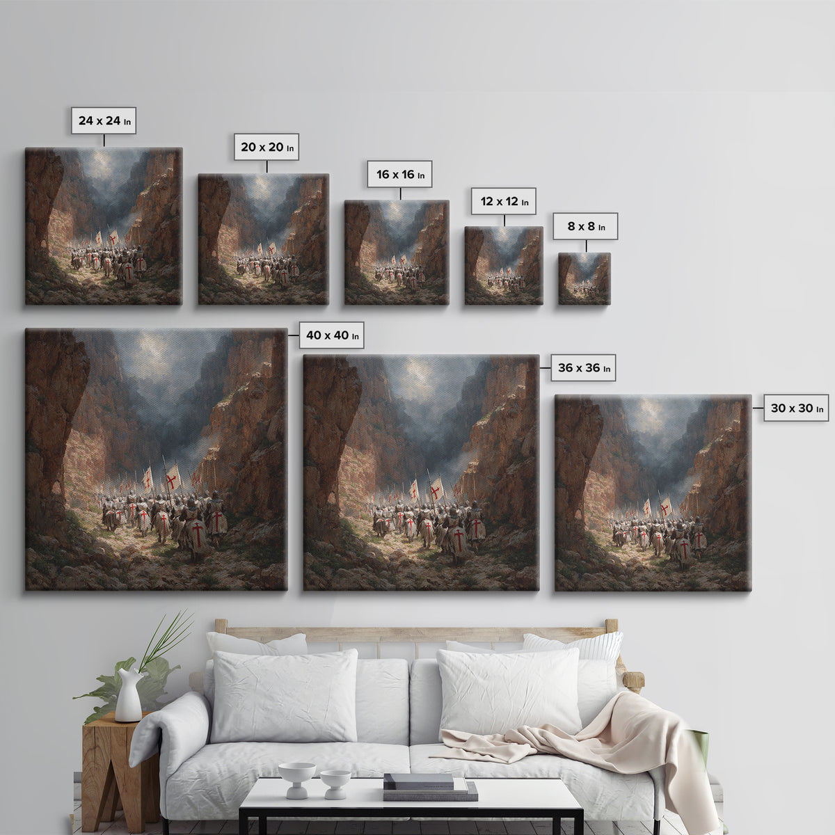 Medieval Knights Marching Through Rocky Canyon Wall Art, Historical Painting Print, Christian Wall Decor, Dramatic Fine Art