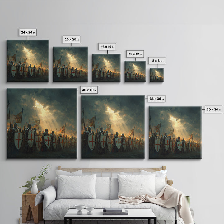 Crusader Knights With Shields Wall Art, Medieval Battle Scene, Religious History Decor, Dark Fantasy Framed Canvas Print