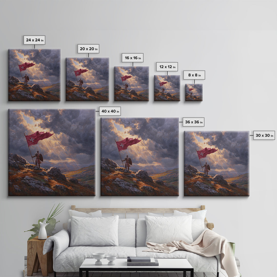 Crusader Knight With Red Flag Framed Canvas Print, Medieval Wall Art, Stormy Mountain Landscape, Christian Warrior Decor