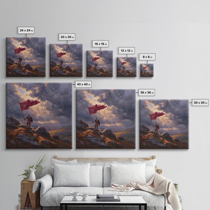 Crusader Knight With Red Flag Framed Canvas Print, Medieval Wall Art, Stormy Mountain Landscape, Christian Warrior Decor