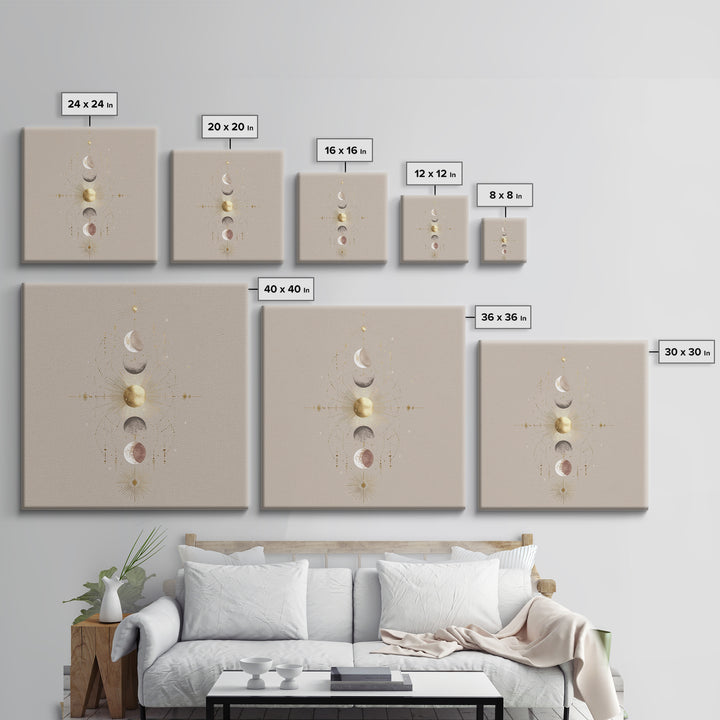 Celestial Moon Phase Wall Art, Gold Sun And Stars Canvas Print, Mystical Astrology Decor, Boho Neutral Bedroom Wall Decor