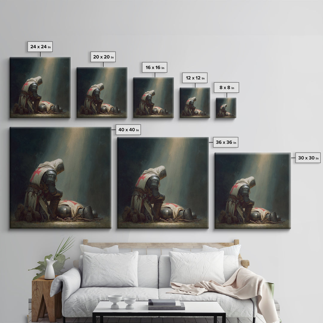 Praying Crusader Knight In Spotlight Canvas Print, Medieval Christian Wall Art, Templar Warrior Decor For Office And Home