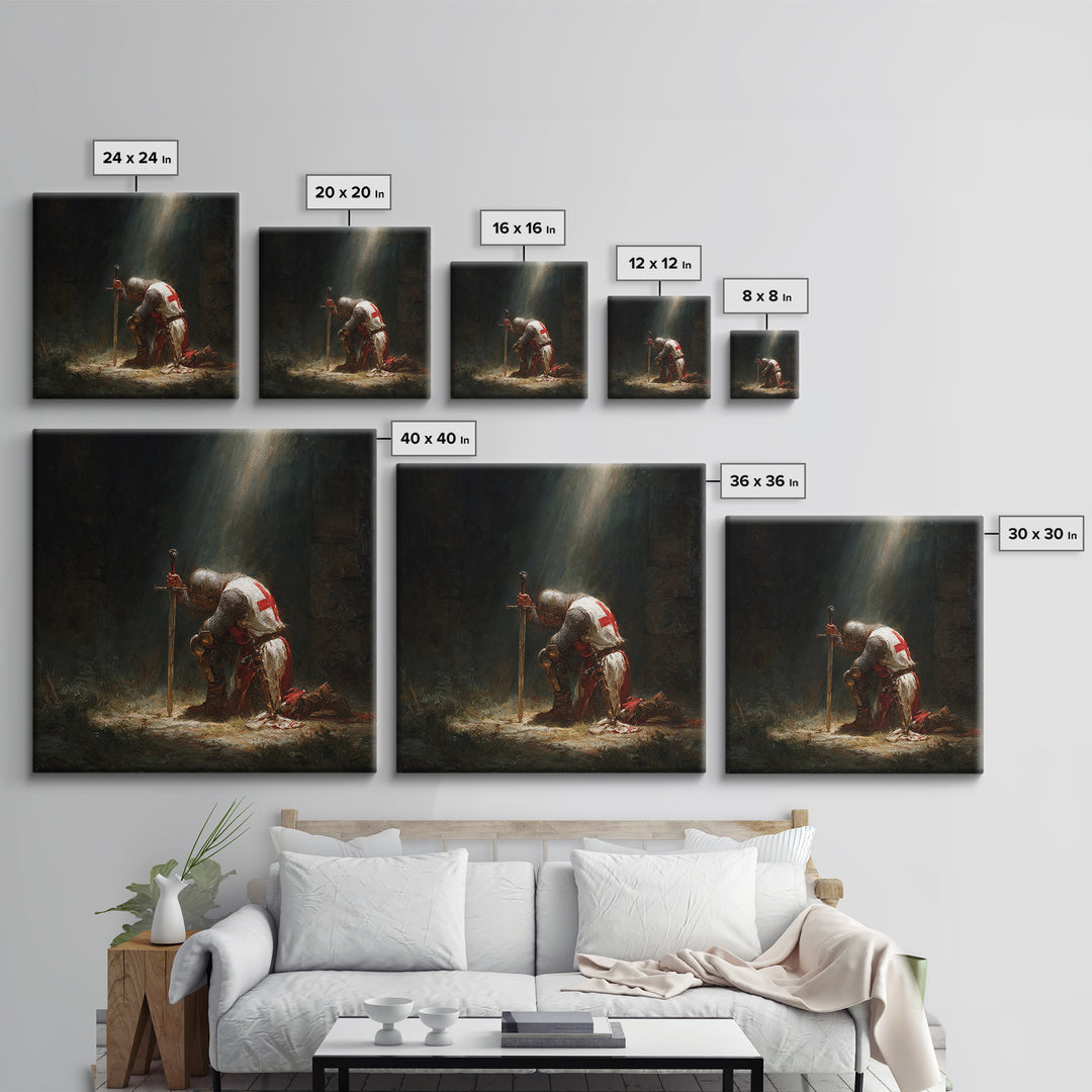 Kneeling Templar Knight In Sacred Light Framed Canvas Print, Medieval Christian Wall Art For Gothic Office Decor Gift Idea