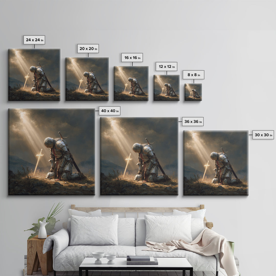 Kneeling Knight Before Glowing Cross Wall Art, Medieval Christian Painting, Inspirational Faith Decor, Gift For Men Poster