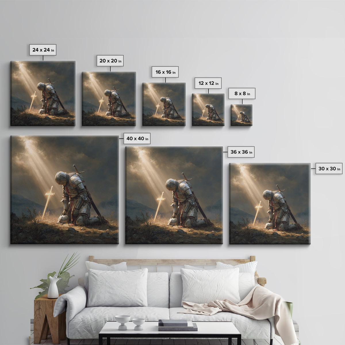 Kneeling Knight Before Glowing Cross Wall Art, Medieval Christian Painting, Inspirational Faith Decor, Gift For Men Poster