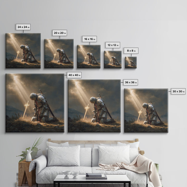 Kneeling Knight Before Glowing Cross Wall Art, Medieval Christian Painting, Inspirational Faith Decor, Gift For Men Poster