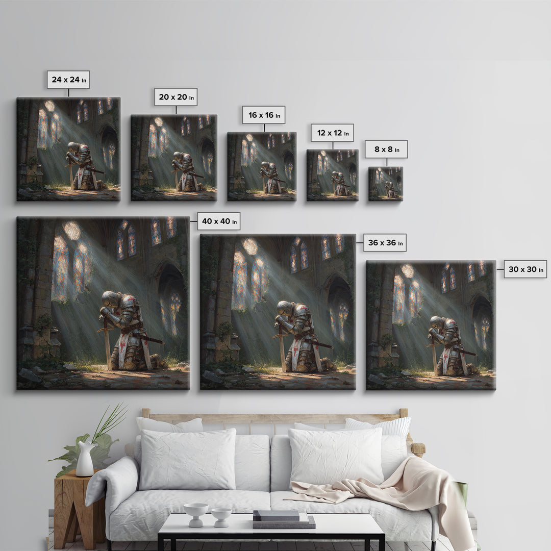 Kneeling Knight In Ruined Cathedral Framed Canvas Print, Medieval Fantasy Wall Art, Christian Decor, Gothic Gift For Him