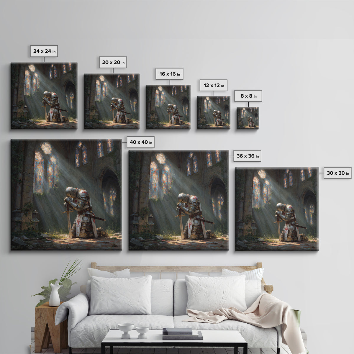 Kneeling Knight In Ruined Cathedral Framed Canvas Print, Medieval Fantasy Wall Art, Christian Decor, Gothic Gift For Him