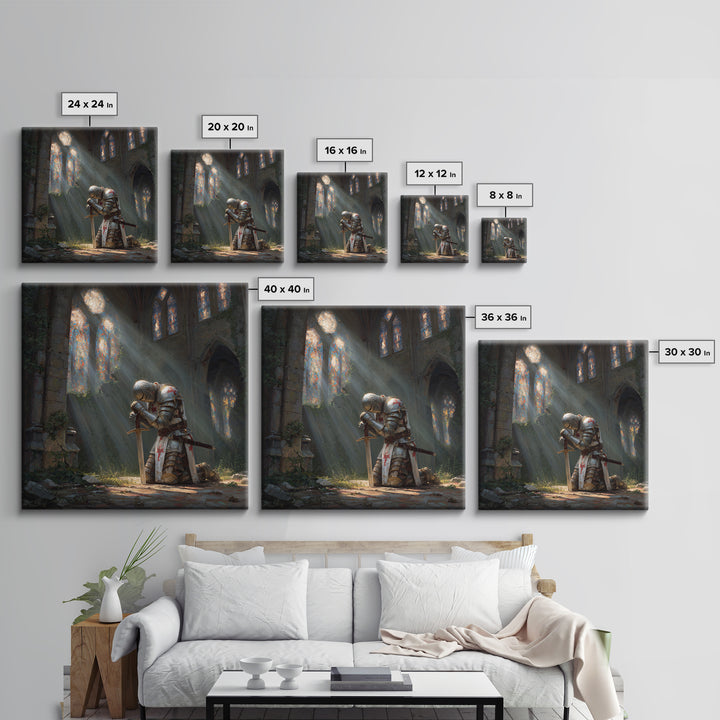 Kneeling Knight In Ruined Cathedral Framed Canvas Print, Medieval Fantasy Wall Art, Christian Decor, Gothic Gift For Him
