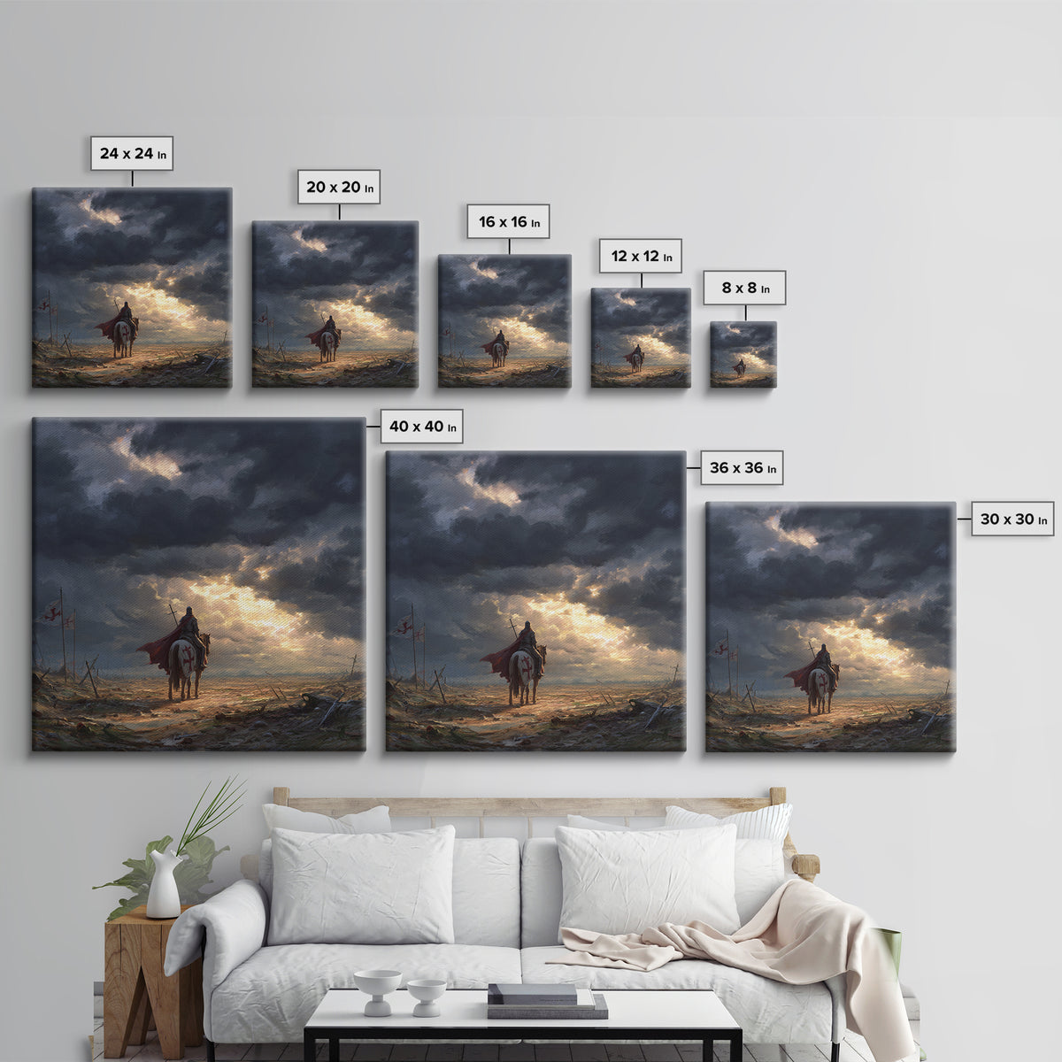 Templar Knight On Horse In Stormy Battlefield Wall Art, Medieval Landscape Art, Gothic Wall Decor, Epic Fantasy Gift For Him