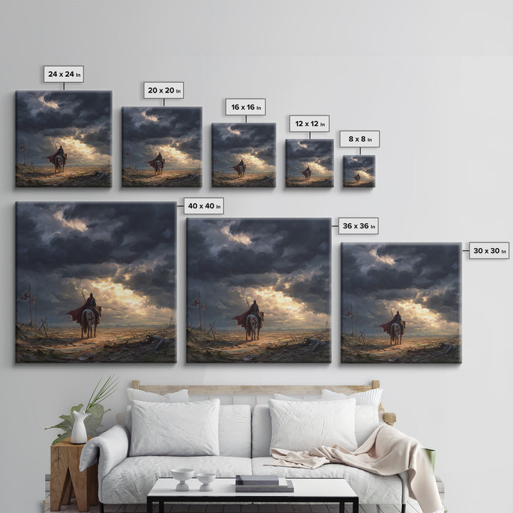 Templar Knight On Horse In Stormy Battlefield Wall Art, Medieval Landscape Art, Gothic Wall Decor, Epic Fantasy Gift For Him