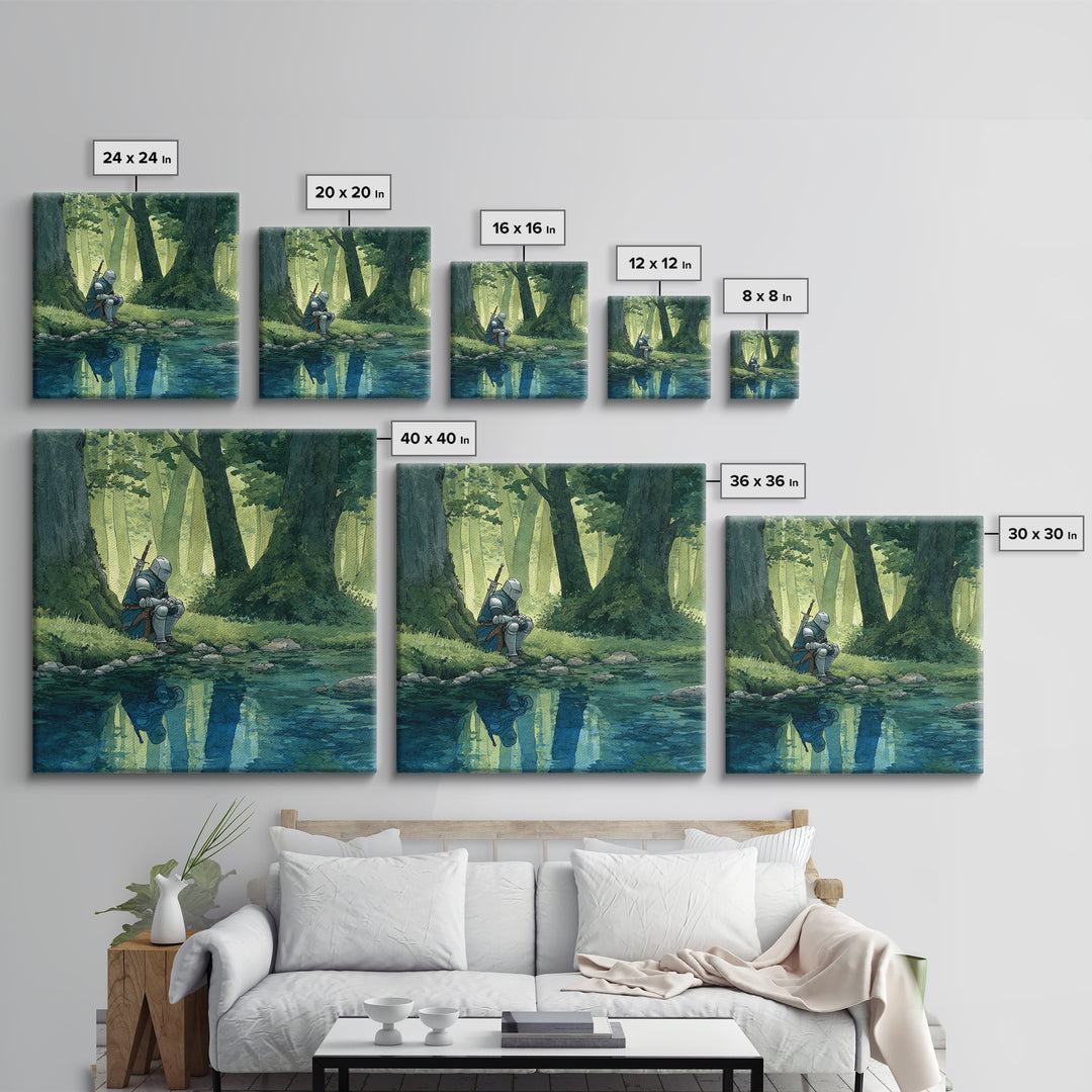 Solitary Knight Resting Beside Forest Stream Wall Art, Fantasy Art Print, Medieval Decor, Woodland Landscape, Gift For Him