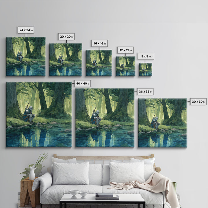 Solitary Knight Resting Beside Forest Stream Wall Art, Fantasy Art Print, Medieval Decor, Woodland Landscape, Gift For Him